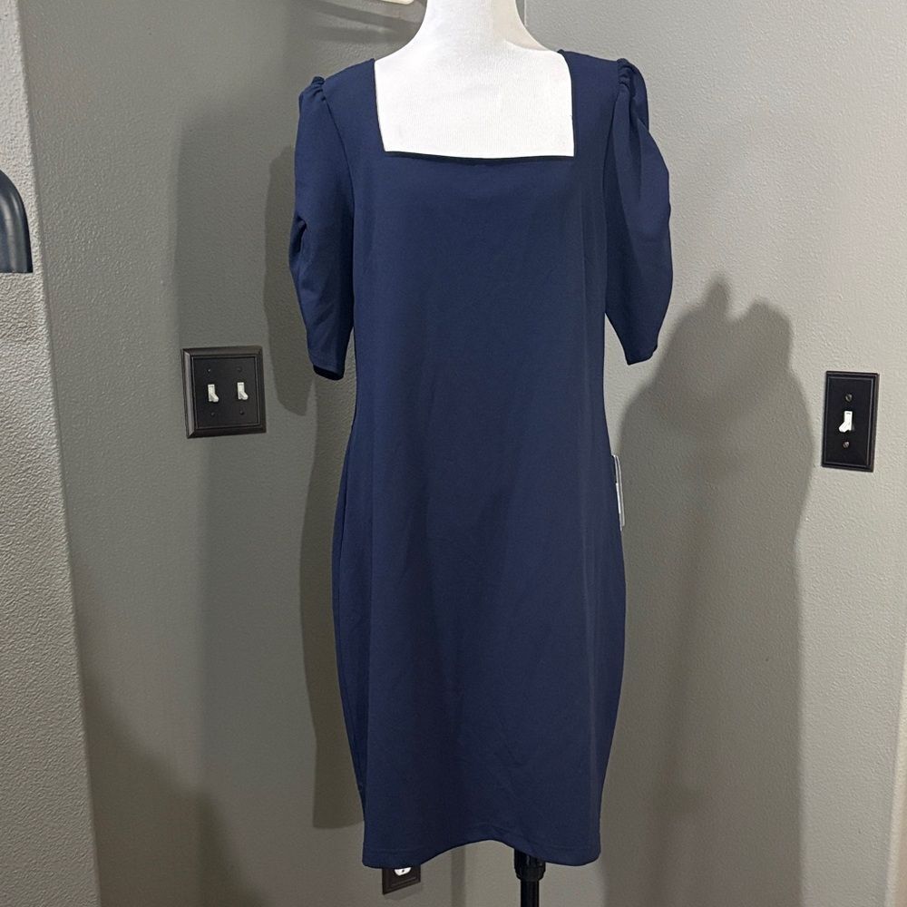 Sharagano Navy Square Neck Midi Dress